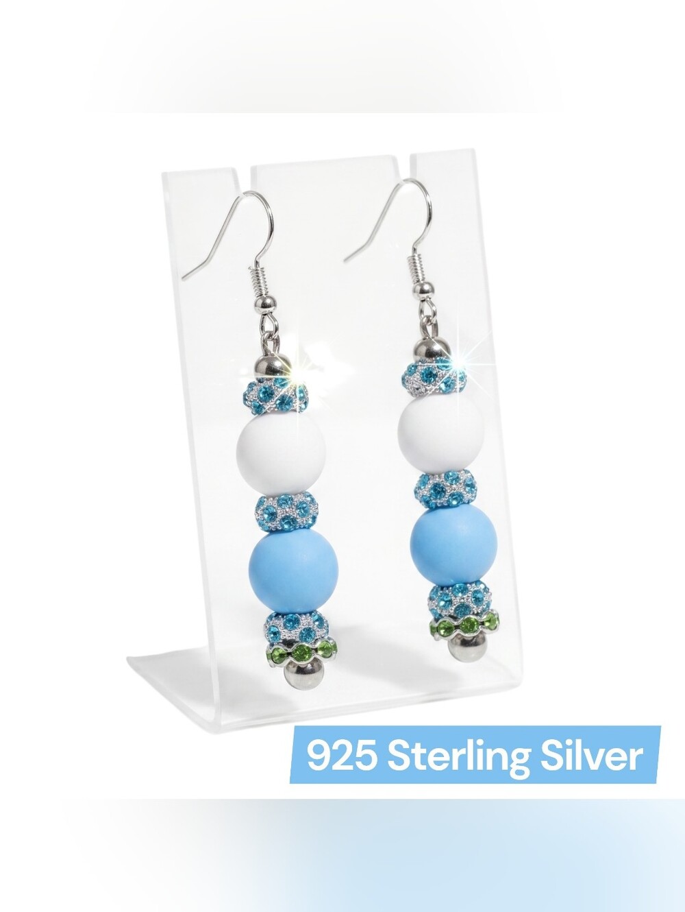 Blue & White Rhinestone Beaded Drop Earrings - 925 Sterling Silver Hook Earrings - Picture 4 of 11